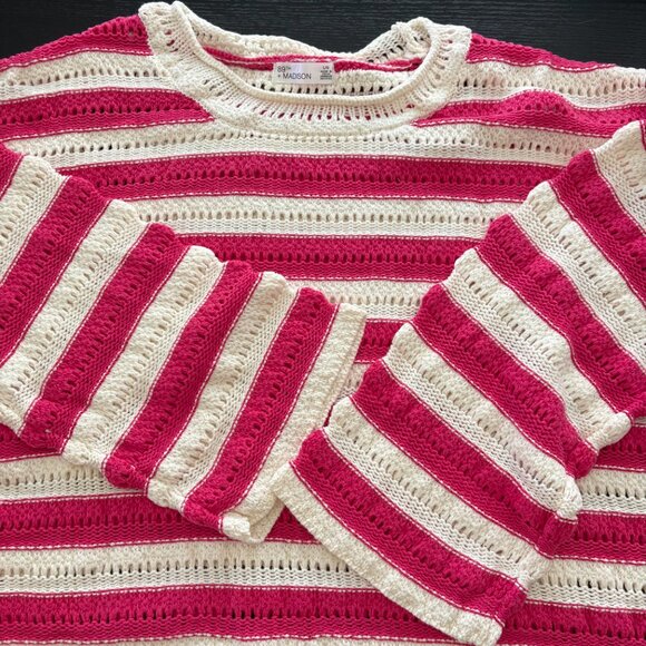 89th & Madison Stripe Pointelle Stitch Pullover Raspberry Sorbet Size Large NWT - Picture 3 of 7